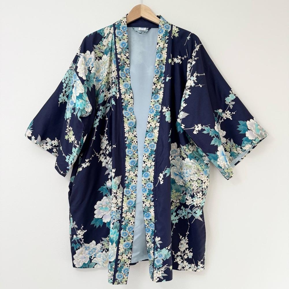 Floral Kimono Jacket 100% Silk Navy Base Blue Teal Flowers Made in Japan
